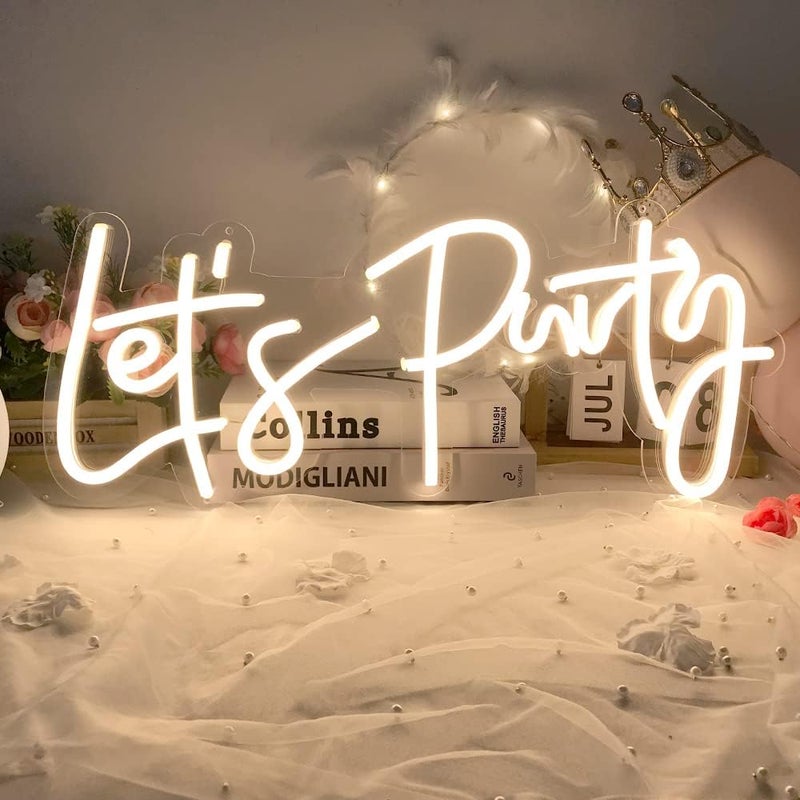 divatla Let's Party Neon Sign for Decor, Large 23"X10" Light Up LED Signs for Birthday, Prom, Wedding, Celebrations, Warm White - Image 1